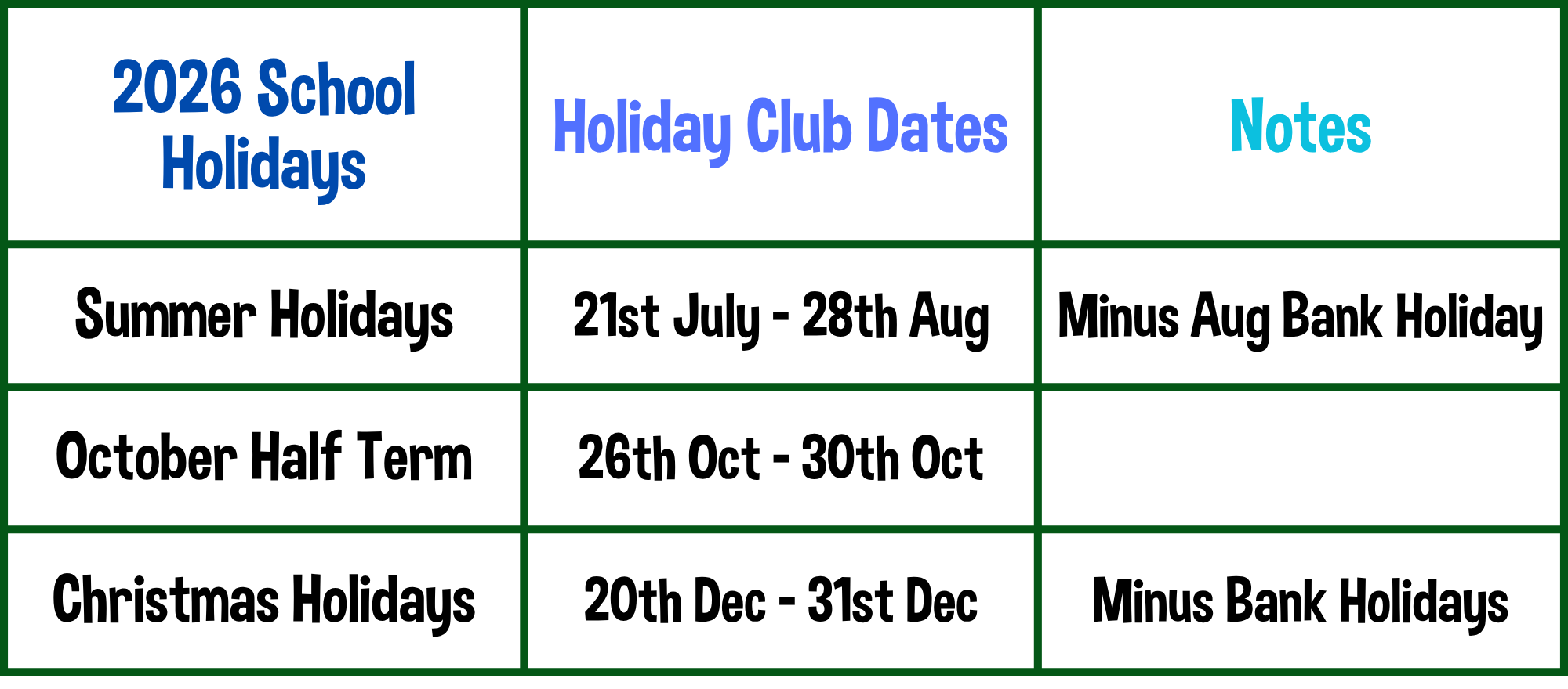 Holiday Camp Dates